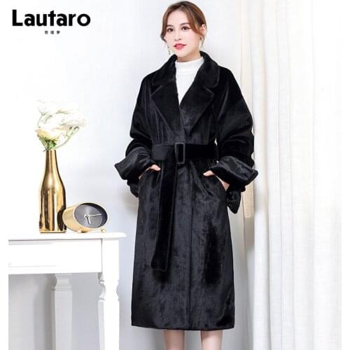 Lautaro Designer oversized winter long faux fur coat women long sleeve belt Soft warm fluffy pink clothes Plus size fashion 5xl