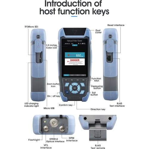 Pro mini OTDR Fiber Optic Reflectometer with 9 Functions VFL OLS OPM Event Map 22/24dB for 64km Fiber Cable Ethernet Tester