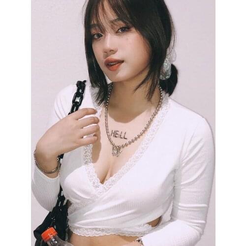 Fashion Trend Womens Wrap Crop Top Sexy Long Sleeve Deep V Neck Lace Trim Self Tie Basic Tee Autumn Solid T-shirts