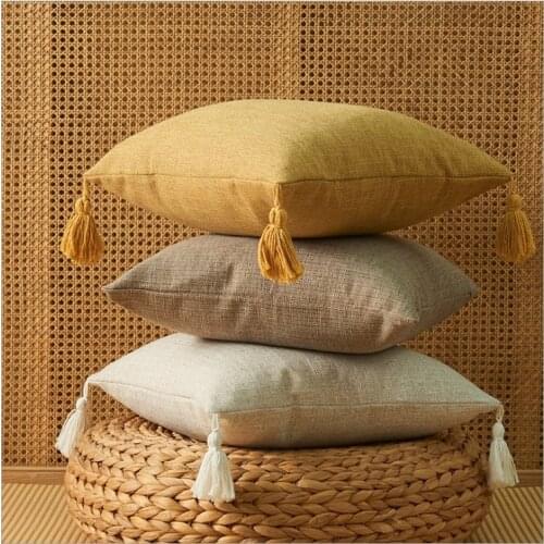 Solid Plain Linen Cotton Pillow Cover With Tassels Yellow Beige Home Decor Cushion Cover 45x45cm Pillow Case Sofa Throw Pillow