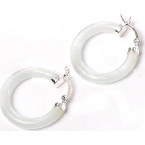 New Pair Natural White Jade Hoop Dangle Earrings