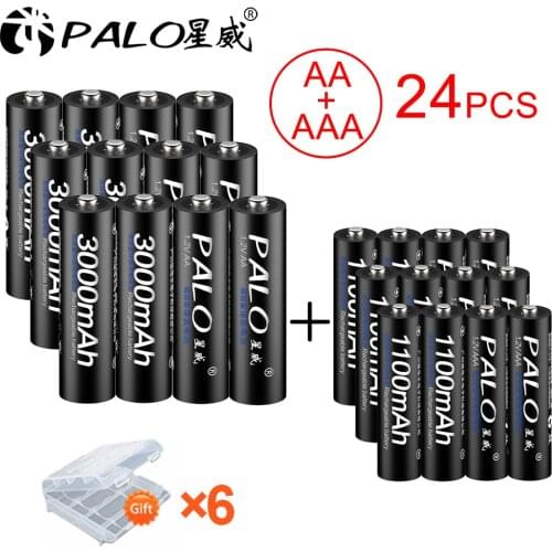 PALO 12PCS 3000mAh 1.2V NI-MH AA Rechargeable Battery+12PCS 1100mAh AAA rechargeable batteries for camera flashlight toy car MP3