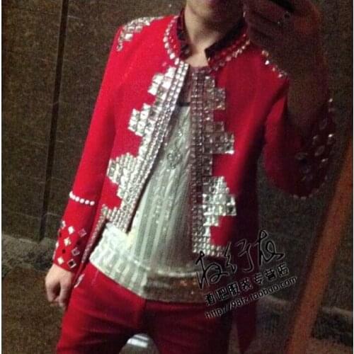 Hot New Mens Luxury Handmade Red Slim Jacket Male Singer Performance Outerwear Men Stage Bright diamond suit Costume
