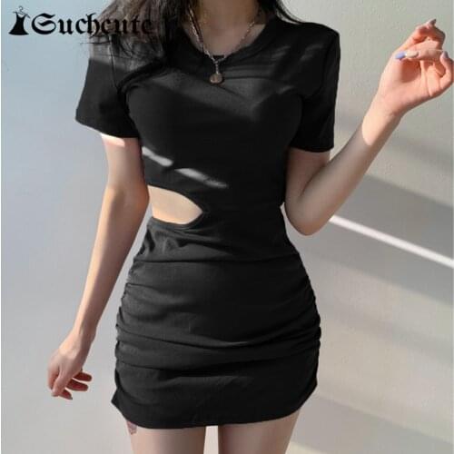 SUCHCUTE Sexy Cut Out Fashion Women Mini Dress Streetwear Ruched Bodycon Sundress Summer Korean O-Neck Casual Basic Dress
