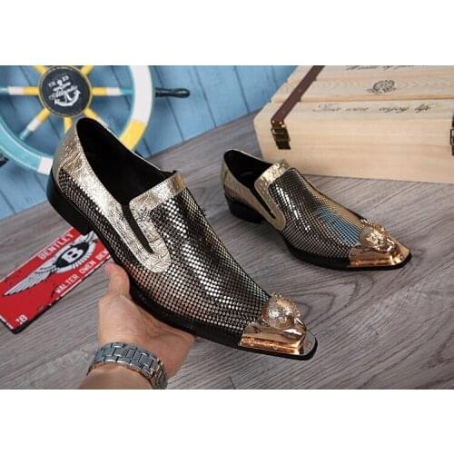 New Fashion Men Dress Wedding Shoes Breathable Flats Slip on T Show Single Shoes Genuine leather Metal pointed toe Man Shoes