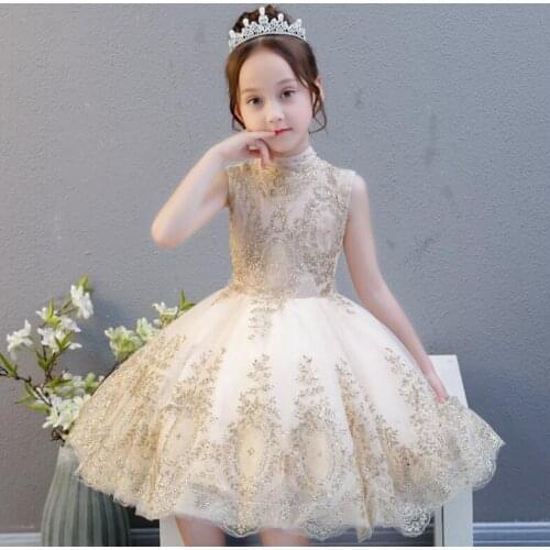 Gold Sequin Girls Party Evening Dress Flower Girl Dress For Girls Pageant Costume Princess Gowns Wedding First Communion Dresses