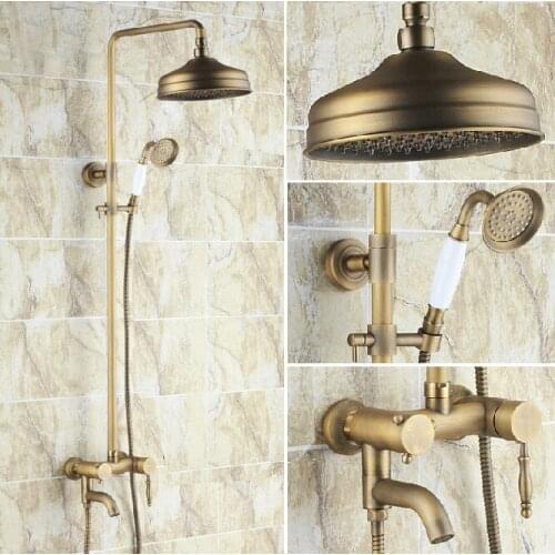 Vintage Retro Antique Brass Single Handle Bathroom 8 Inch Round Rain Shower Faucet Set Bath Tub Mixer Tap Hand Shower mrs154