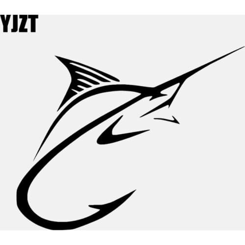 YJZT 15CM*12CM Vinyl Car Sticker Fish Hook Marlin Decal Fishing Black/Silver C24-0585