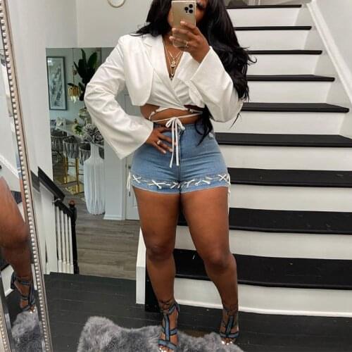 Women Shirt Long Sleeve Notched Lapel Solid Color V-Neck Lace Up Casual Chic Short Shirt Summer 2021