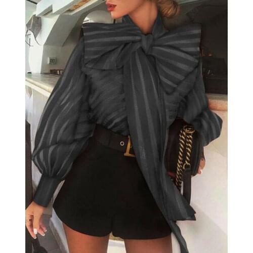 Sexy transparent bow tie up Blouse shirt women puff sleeve summer streetwear shirt top Female elegant mesh blouse