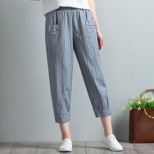 Women Pencil Pants Ankle-Length Pants Female Summer Casual Striped Loose Trousers Women Linen Mid Wasit Flat Pants New Fashion