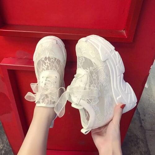 2021 Lace Mesh White Platform Shoes Chunky Platform Sneakers Wedge Shoes Women Vulcanized Shoes Sneakers Ladies Lace-up Shoes