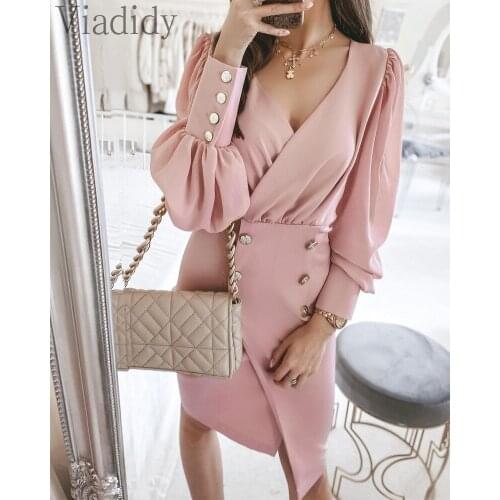 Women Elegant Solid Color V-Neck Lantern Sleeve Button Design Dress