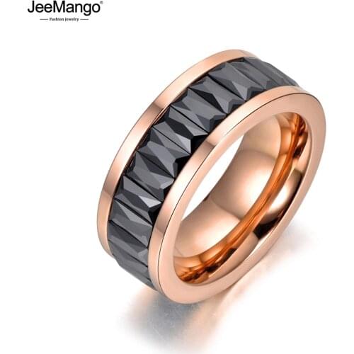 JeeMango Fashion Black/Clear CZ Crystal Wedding Ring Jewelry Stainless Steel Rhinestone Engagement Ring For Women Anneau JR18035