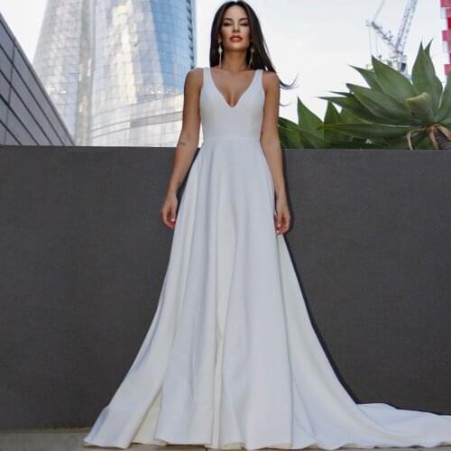 Modest A-Line Jersey V-Neck Bridal Dress 2021 Whit Ivory Sleeveless Sweep Train Weeding Gowns Vestido De Novia