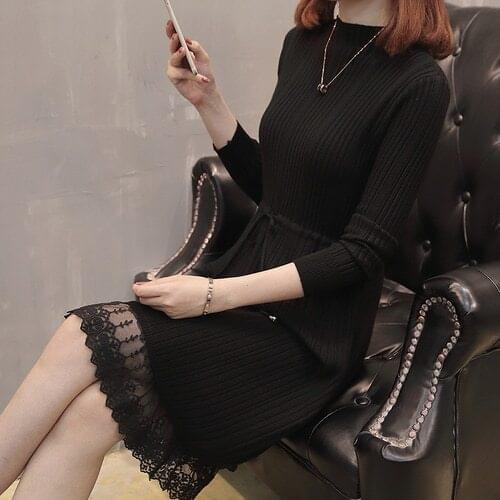 2021 New Warm Sweater Dress Autumn Winter Elastic Soild Long Sleeve Casual A-line Knitting dress Female Patchwork Race knit
