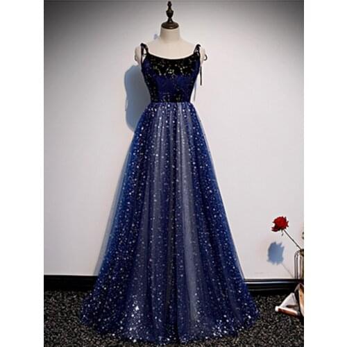 ERINBESS Blue Evening Dresses Long Dress Formal Prom Gowns Scoop Neck A-line Sequined Evening Dress Robe De Soiree Party Dress