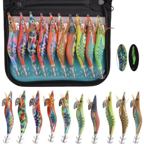 10Pcs/Bag Luminous Squid bait Bright laser Wood Shrimp jig lures Octopus Squid hooks Saltwater 12g 14g Cuttlefish bait