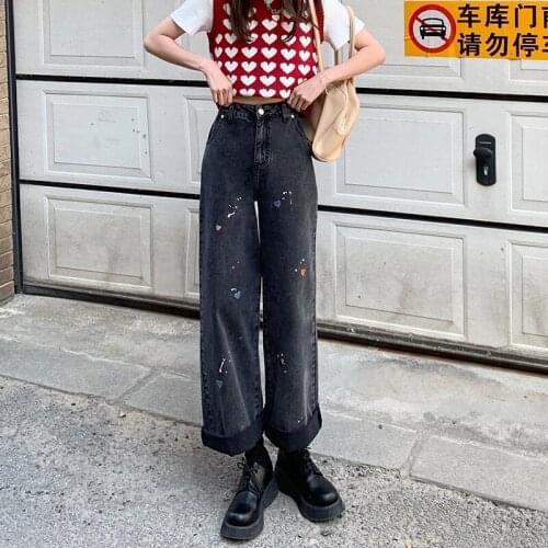 2021 Korean Womens Jeans New Style Splash Ink Love INS High-Waist Straight-Leg Pants Loose And Thin Womens Casual Trousers