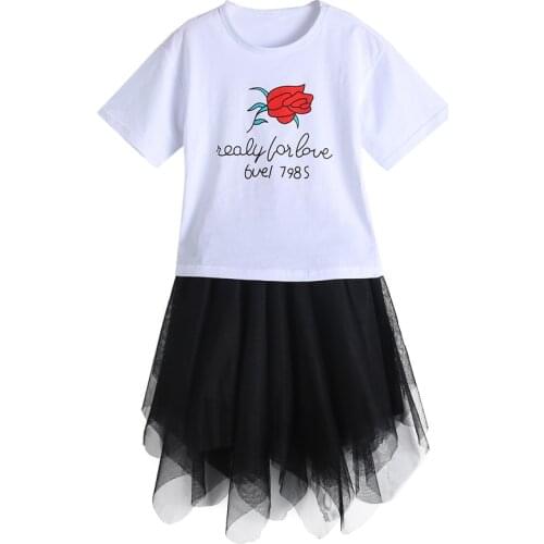 Kids Clothes Sets Girls Flower Veil Two-piece Summer Casual Short-sleeved T-shirt +skirt 2pc Sets 4 6 7 8 9 10 12 Ages