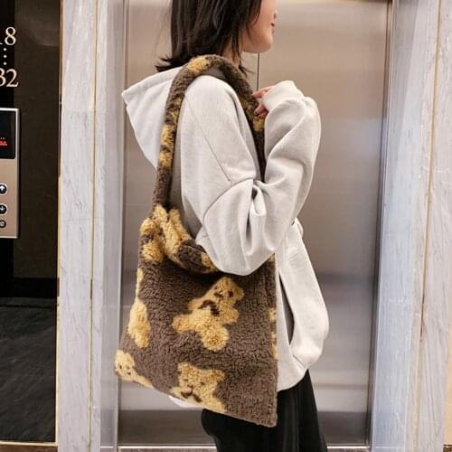Exquisite Cheap Womens Bag Trend 2021 Kawaii Bear Print Female Shoulder Bag Autumn Winter Plush Shopper Tote Handbag Bolsas