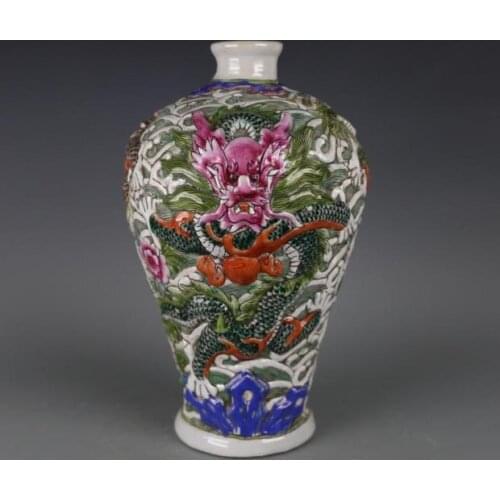Rare QingDynasty porcelain vase,Pastry glaze,Carved dragon,hand painted crafts,Decoration,Collection&Adornment