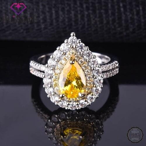 HuiSept Ring 925 Silver Jewelry Water Drop Shape Citrine Zircon Gemstones Finger Rings Accessories for Women Wedding Engagement