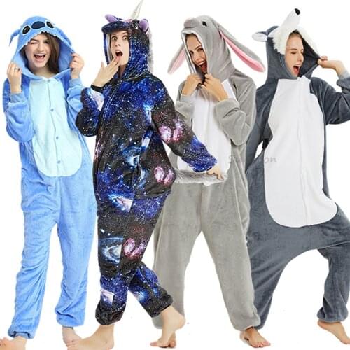 Adult Anime Kigurumi Onesie Women Men Unicorn Sleepwear Pajama Winter Warm Animal Wolf Unicornio Pijima Overalls Kids Nightwear