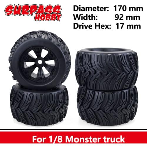 Surpass Hobby 4PCS Monster Truck Wheels Rim Tire Set 17mm Hub Hex For 1/8 Off-Road RC Car HPI Redcat Rovan Savage XL MOUNTED GT