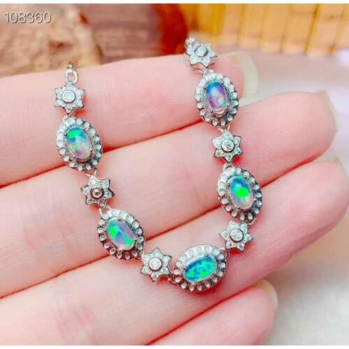 Beautiful Natural And Real Opal bracelet Solid S925 Sterling Silver For Women Colour Gem Stone Rings Fine Jewelry