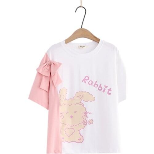 Summer Cute Bunny Graphic Tee Shirt Girls Kawaii T Shirts Japan Fashion Casual Tops Sweet Loose Funny Rabbit Print Tshirt Pink