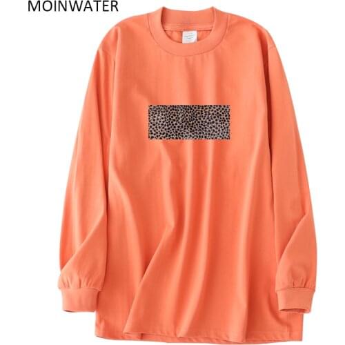 MOINWATER Women New Leopard Print 100% Cotton T-shirts Female Thick Long Sleeve Orange White Autumn Tees Fashion Tops MLT2120