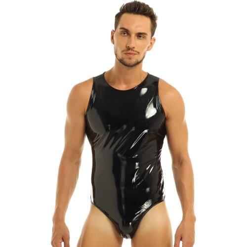 Mens Lingerie Latex Bodysuit Wetlook Patent Leather Sleeveless Glossy Leotard Back with Zipper Sexy Bodysuit Gay Male Clubwear