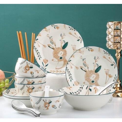 4/6 People Japanese Dishes Set Household Ceramic Bowls, Noodles, Soup Bowls, Dishes, Bowls and Chopsticks Combination Bone China