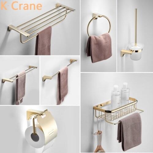 SUS304 Stainless Steel Shelf Bathroom Wall Mount Gold Holder Shower Bath Towel Rack Roll Paper Hanger WC Toilet Brush Holder Set