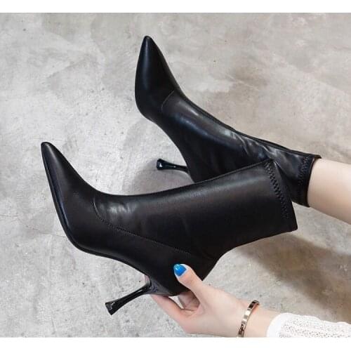 New Skinny Black Short Boots Women Autumn Winter High-heeled Pointed Toe Stiletto Boots Single Boots Fashion Boots Ankle Boots