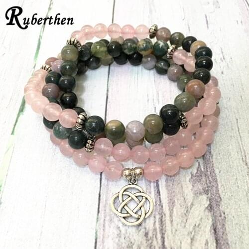 Ruberthen New Design Rose Crystal 108 Mala Bracelet Indian Stone Yoga Charm Bracelet Women`s Practice Protected Balance Necklace