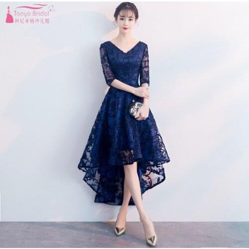 Half Sleeves Short Front Long Back Navy Blue Organza Lace Beading Bridesmaid Dresses Formal Party Prom Dress For Weddings JQ64