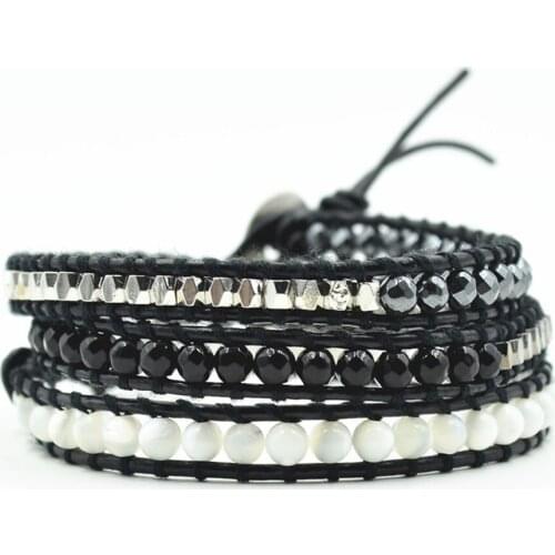 Simple Mix Stone Wrap Bracelet for Women Ethnic Natural Stone Hematite Round Shell Beaded Boho Bracelets Femme Jewelry Dropship