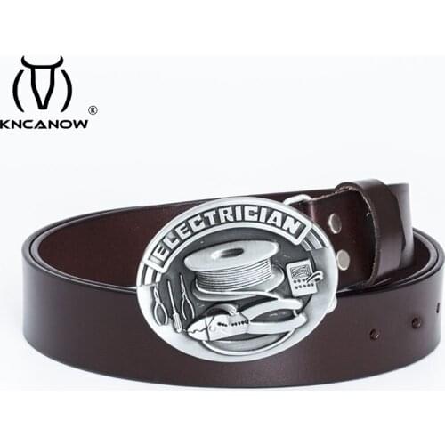 Cow Genuine Leather Luxury Strap Male Belts For Men Fashion Classice Vintage Pewter Finish Buckle Electrician Tool Cowboy Jeans