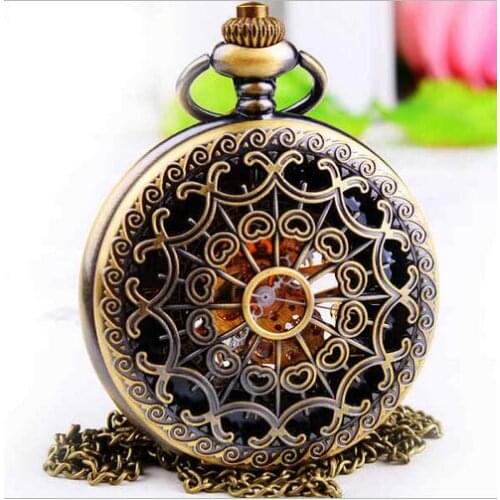 Luxury Bronze antiques A spiders web Hollow Mechanical hand wind Black face Necklace pocket watches Gift
