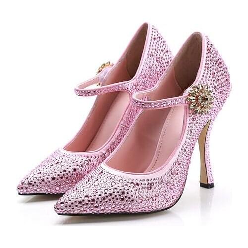 Pink Crystal Embellished High Heel Shoe Sexy Pointed Toe Ankle Strap Thin Heels Woman Pumps Fashion Wedding Shoes
