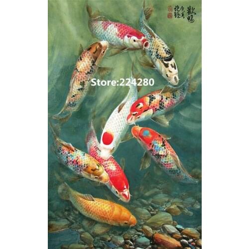 Needlework,Cross stitch,14CT Unprinted Figure nine happy fish Animal for Embroidery kits Cross-Stitching,DIY Handmade decor