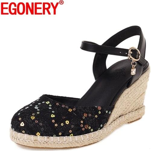 EGONERY Women summer New Style Fashion Slope Heel Sandals sparkling Round Toe Concise ventilation Comfortable Mature soft