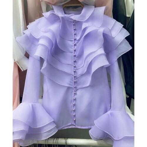 Fairy Ruffled Chiffon Shirts Multi-layers Long Flare sleeve Lotus Blouses Chiffon Single-breasted Pleated Crop Tops Blusas 2020