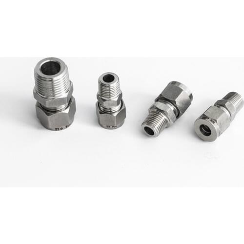 1/8" 1/4" 3/8" 1/2" BSPT Male 3/4/6/8/10/12/14/16/18mm OD Double Ferrule Compression Tube Union Connector 304 Stainless Steel