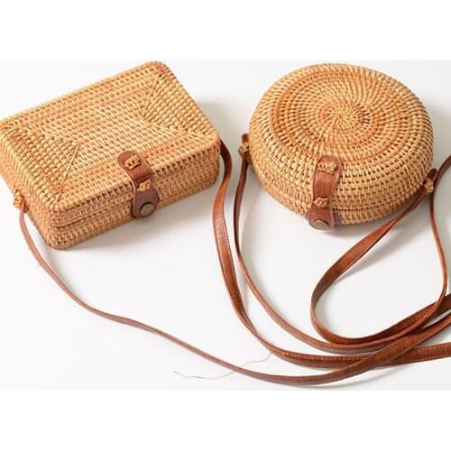 Ladies Messenger Bag Black High Quality Vintage Women Rattan Bags Handmade Straw Woven Hard Shoulder Bags Square Circle