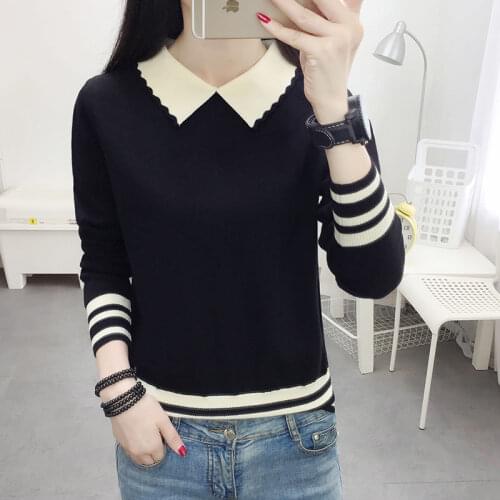 Knitwear New Women Spring And Autumn Clothes Long Sleeve Splicing Doll Collar Bottoming Fashion Versatile Loose Lady Sweater
