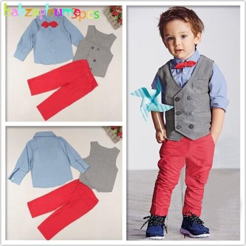 3Piece/2-7Years/Spring Autumn Baby Boys Clothing Sets Vest+Blue Shirt+Red Pants Gentleman Children Suits For Kids Clothes BC1039