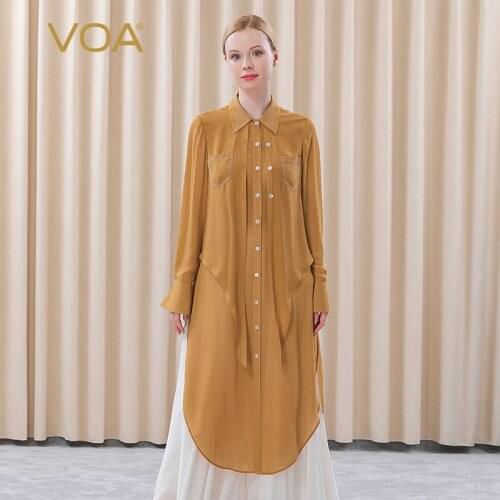 VOA Silk Joes POLO Collar Long-sleeved Brown Yellow Single-row Button-down White Line Trim Pocket Fake Two Long Shirts BE322